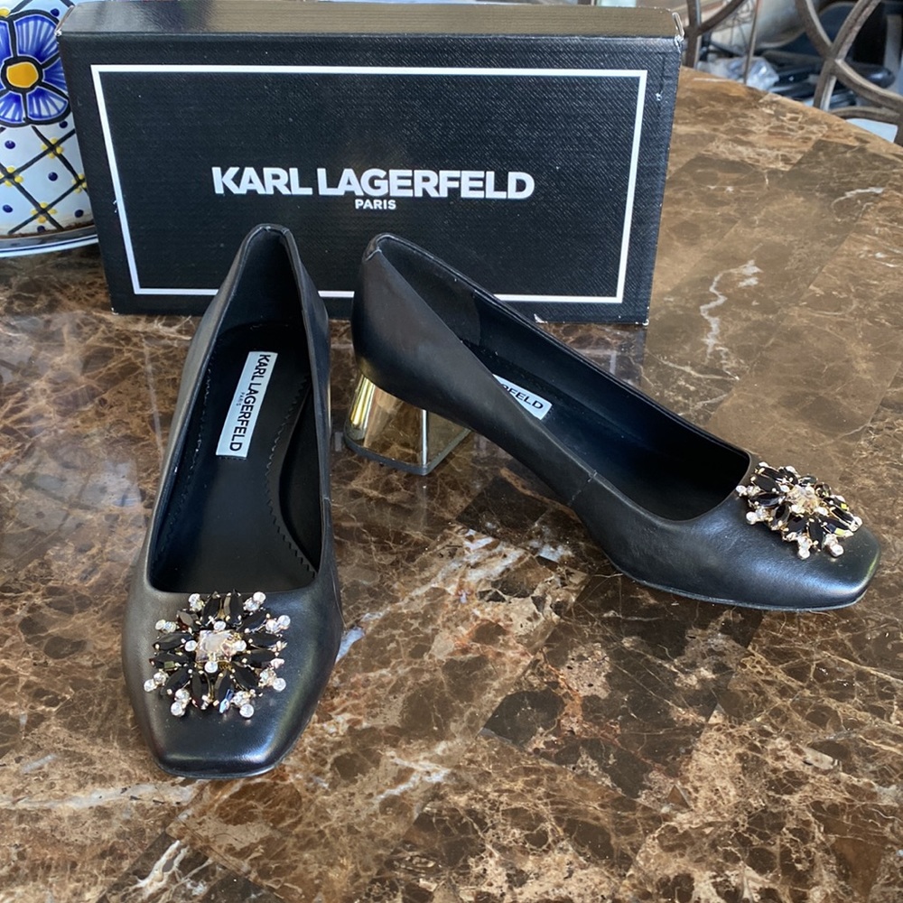 Karl Lagerfeld Black Embellished Pump with Gold Heels 8M